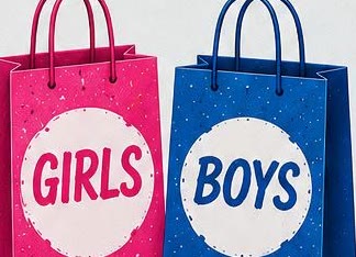 Two gift bags, one pink marked Girls and one blue marked Boys.